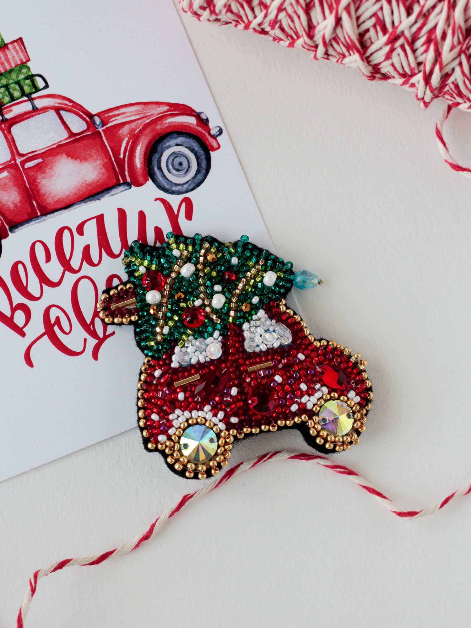 DIY Jewelry making kit, Seed beaded brooch "Christmas car", Abris Art. Bead Embroidery, Needlework beading decoration. Christmas New Year