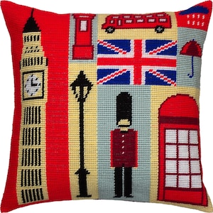 DIY Needlepoint Pillow Kit &quot;Memories of London&quot;, Tapestry cushion cover kit, Tent Stitch Kit, Embroidery kit, 16&quot;x16&quot;, Printed Canvas