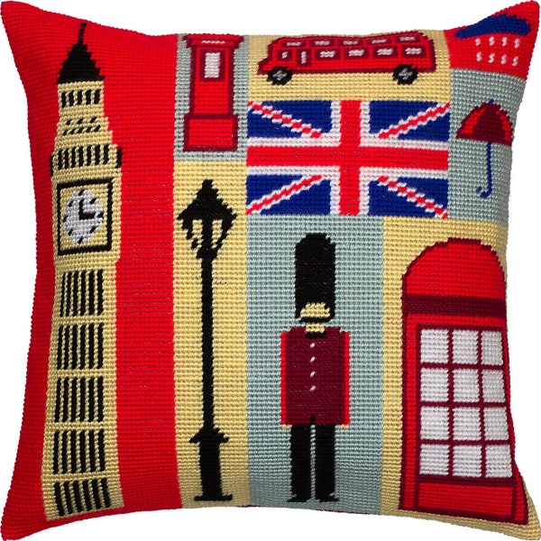 DIY Needlepoint Pillow Kit "Memories of London", Tapestry cushion cover kit, Tent Stitch Kit, Embroidery kit, 16"x16", Printed Canvas