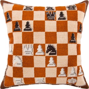 DIY Needlepoint Pillow Kit &quot;Chess game&quot;, Tapestry cushion cover kit, Tent Stitch Kit, Embroidery kit, 16&quot;x16&quot; (40x40 cm), Printed Canvas