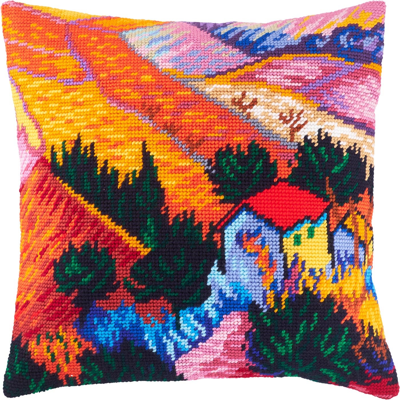 DIY Needlepoint Pillow Kit "Landscape with a House and an Employee", Tapestry cushion cover kit, Tent Stitch Kit, Embroidery kit