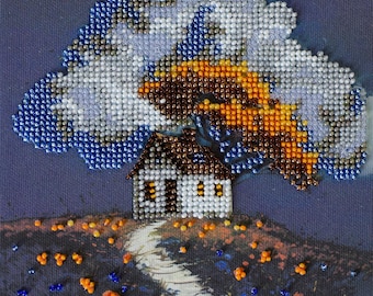 Bead embroidery kit on art canvas - Cottage Beneath the Clouds. DIY beadwork kit embroidery pattern, needlework beading
