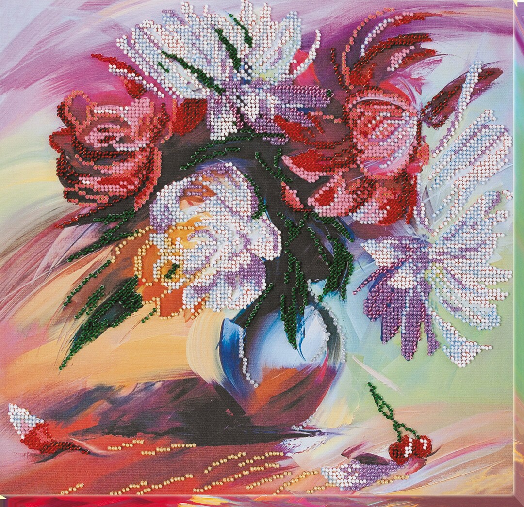 Bead Embroidery Kit on Art Canvas Picturesque Peonies. DIY Beadwork Kit ...