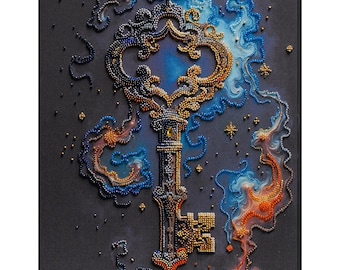 May include: A detailed artwork of a key, featuring intricate beadwork in gold, blue, and orange hues. The key's design is ornate, with swirling patterns and a celestial theme. The background is a dark gray, enhancing the vibrant colors of the key.