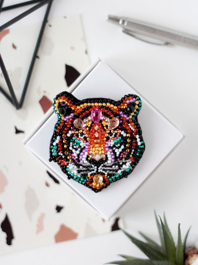 DIY Jewelry making kit, Seed beaded brooch Tiger, Abris Art. Bead Embroidery, Needlework beading decoration. image 1