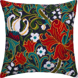 DIY Needlepoint Pillow Kit &quot;Golden Lily&quot;, W. Morris, Tapestry cushion cover kit, Tent Stitch Kit, Embroidery kit, 16&quot;x16&quot; , Printed Canvas