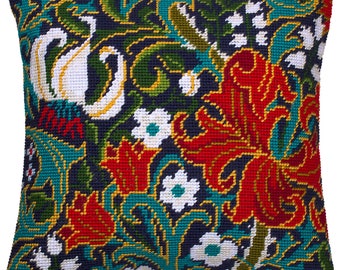 DIY-kussenset borduren "Golden Lily", W. Morris, kussenhoes tapijt tapijt, tentsteekpakket, borduurpakket, 16" x 16", bedrukt canvas
