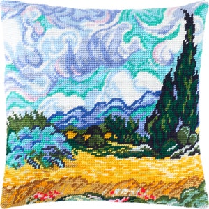 DIY Needlepoint Pillow Kit &quot;Wheat Field with Cypresses&quot;, Tapestry cushion cover kit, Tent Stitch Kit, Embroidery kit,16&quot;x16&quot;, Printed Canvas