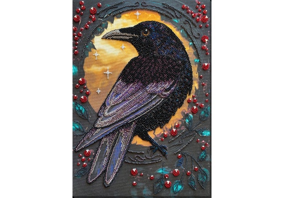 Bead embroidery kit on art canvas - Black raven. Abris Art DIY beadwork kit embroidery pattern, needlework beading