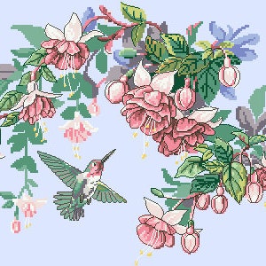 Pode incluir: Um design vibrante de bordado de ponto cruz com um beija-flor em voo rodeado de flores de fúcsia rosa e brancas com folhas verdes sobre um fundo azul claro.