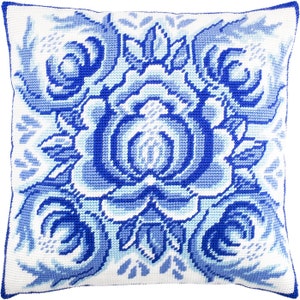 DIY Needlepoint Pillow Kit &quot;Gzhel&quot;, Tapestry cushion kit, Half Cross Stitch Kit, Embroidery Pillow kit, 16&quot;x16&quot; (40x40 cm), Printed Canvas