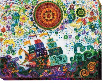 May include: A colorful beaded artwork depicting a ship sailing on a wavy sea with a large sun in the background. The ship and the sun are decorated with intricate patterns and beads of various colors.