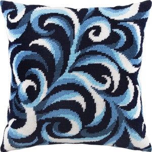 DIY Needlepoint Pillow Kit &quot;Waves&quot;, Tapestry cushion cover kit, Tent Stitch Kit, Embroidery kit, 16&quot;x16&quot; (40x40 cm), Printed Canvas