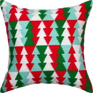 DIY Needlepoint Pillow Kit &quot;Christmas trees&quot;, Tapestry cushion cover kit, Tent Stitch Kit, Embroidery kit, 16&quot;x16&quot; , Printed Canvas