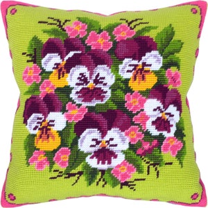 Kit de bordado para almohada &quot;Ramo de violas&quot;, funda de cojín tapiz, punto de carpa, bordado, 40,6 x 40,6 cm, lienzo impreso