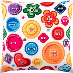 DIY Needlepoint Pillow Kit &quot;Buttons&quot;, Tapestry cushion cover kit, Tent Stitch Kit, Embroidery kit, 16&quot;x16&quot;, (40x40 cm), Printed Canvas