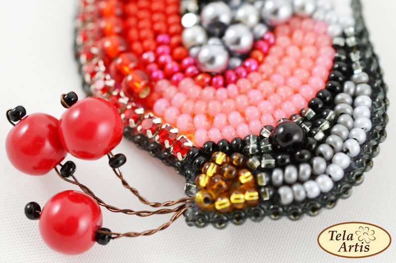 Needlework beading decoration. Tela Artis Bead Embroidery Seed beaded brooch Bullfinch DIY Jewelry making kit