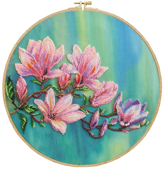Bead embroidery kit on art canvas Magnolias bloom. DIY beadwork kit embroidery pattern, needlework beading