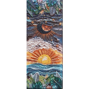 May include: A beaded wall art piece depicting a night sky with a crescent moon, clouds, and stars, a sunrise with a yellow sun, and a blue ocean with green foliage at the bottom.
