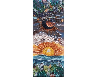 May include: A beaded wall art piece depicting a night sky with a crescent moon, clouds, and stars, a sunrise with a yellow sun, and a blue ocean with green foliage at the bottom.