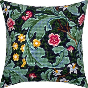 DIYニードルポイントピローキット「レスター」W.モリス、タペストリークッションカバーキット、テントステッチキット、刺繍キット、16インチ×16インチ、プリントキャンバス