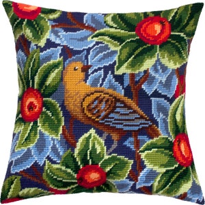 DIY Needlepoint Pillow Kit &quot;&quot;Bird&quot;, W. Morris&quot;, Tapestry cushion cover kit, Tent Stitch Kit, Embroidery kit, 16&quot;x16&quot;, Printed Canvas
