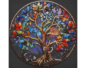 May include: A colorful beaded tree of life design with a dark background. The tree is surrounded by a circle of beads.