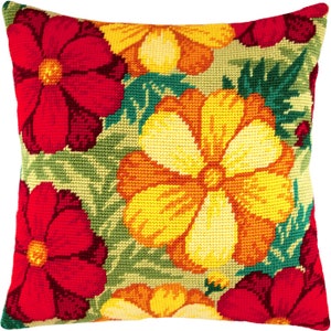 May include: A decorative pillow with a floral design featuring red, yellow, and green flowers. The pillow is made of a soft, textured fabric and is perfect for adding a touch of color and style to any room.
