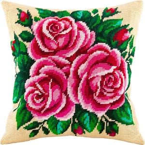 DIY Needlepoint Pillow Kit &quot;Pink roses&quot;, Tapestry cushion cover kit, Tent Stitch Kit, Embroidery kit, 16&quot;x16&quot; (40x40 cm), Printed Canvas