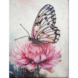 May include: A pink and white butterfly with black markings sits on a pink flower with a green stem. The background is a light pink and white pattern.