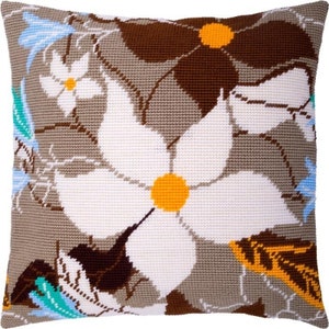 Kit de bordado para cojín &quot;Flor de vainilla&quot;, kit para tapizar, costura de cojín en punto de cruz, kit de bordado sobre lienzo impreso de 40 x 40 cm