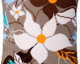 Needlepoint Pillow Kit "Vanilla Flower", DIY Tapestry kit, Cushion Cross Stitch sewing, Embroidery kit on Printed Canvas 16"x16"