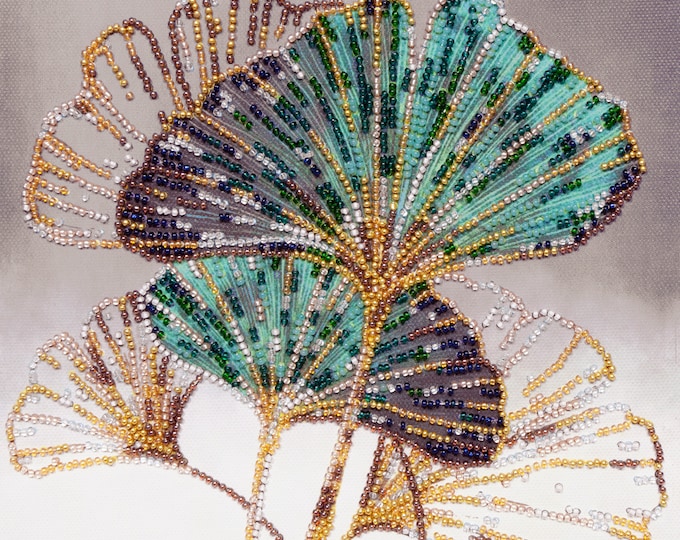 Bead embroidery kit on art canvas Emerald leaves. DIY beadwork kit embroidery pattern, needlework beading