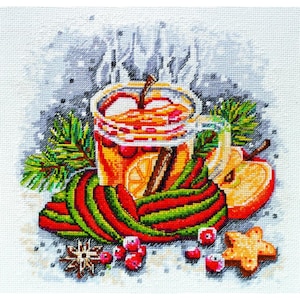 Cross stitch embroidery &quot;Winter tea&quot;. DIY cross stitch picture.