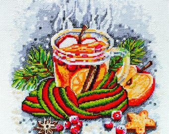 Cross stitch embroidery "Winter tea". DIY cross stitch picture.