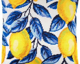 DIY Needlepoint Pillow Kit &quot;Lemons&quot;, Tapestry cushion kit, Half Cross Stitch Kit, Embroidery kit, size 16&quot;x16&quot; (40x40 cm), Printed Canvas