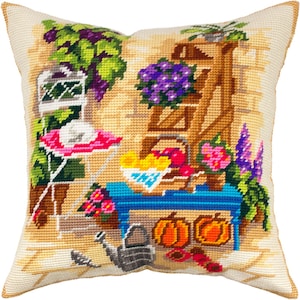 DIY Needlepoint Pillow Kit &quot;Watering can in the backyard&quot;Tapestry cushion cover kit, Tent Stitch Kit, Embroidery kit,16&quot;x16&quot;, Printed Canvas