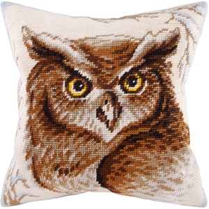 DIY Needlepoint Pillow Kit &quot;Owl&quot;, Tapestry cushion cover kit, Tent Stitch Kit, Embroidery kit, 16&quot;x16&quot; (40x40 cm), Printed Canvas