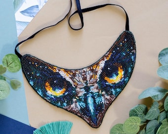 DIY Decoration collar making kit, Seed beaded collar Fearless Gaze. Bead Embroidery and Needlework. Brooches Jewelry Beadwork.