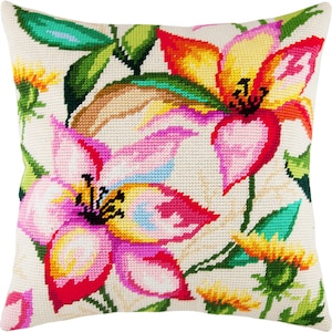 Kit de bordado para almohada &quot;Lirios de acuarela&quot;, funda de cojín tapiz, punto de carpa, bordado, 40 x 40 cm (16 x 16 pulgadas), lienzo impreso