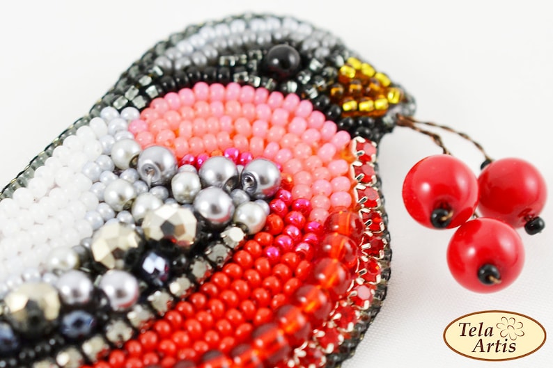 Needlework beading decoration. Tela Artis Bead Embroidery Seed beaded brooch Bullfinch DIY Jewelry making kit