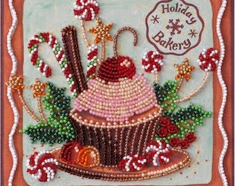 Bead embroidery kit on art canvas Holiday sweets. DIY beadwork kit embroidery pattern, needlework beading