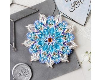 DIY Jewelry making kit, Seed beaded brooch "Snowflake", Abris Art. Bead Embroidery, Needlework beading decoration.