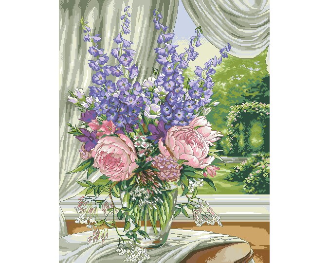 Cross Stitch PDF Pattern Peonies and Delphiniums Scheme Blooming Flowers Digital file embroidery stitching patterns instant download
