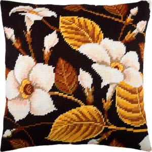 DIY Needlepoint Pillow Kit &quot;Magnolia flowers&quot;, Tapestry cushion kit, Half Cross Stitch Kit, Embroidery kit 16&quot;x16&quot; (40x40 cm) Printed Canvas