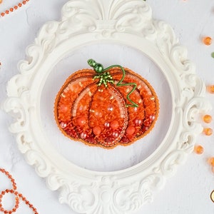DIY Jewelry making kit, Seed beaded brooch &quot;Pumpkin&quot;, Tela Artis. Bead Embroidery, Needlework beading decoration. New Year