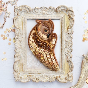 DIY Jewelry making kit, Seed beaded brooch "Owl Louise", Tela Artis. Bead Embroidery, Needlework beading decoration.