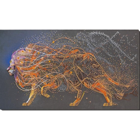 Bead embroidery kit on art canvas Golden Lion. DIY beadwork kit embroidery pattern, needlework beading
