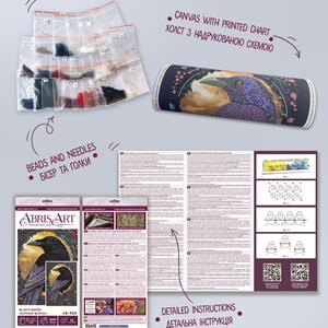 Puede incluir: Un kit de pintura de diamantes con un cuervo negro, un lienzo impreso, cuentas, agujas e instrucciones detalladas. El kit incluye un cuervo negro sobre un fondo morado y azul.