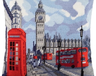 DIY Needlepoint Pillow Kit "London", Tapestry cushion kit, Half Cross Stitch Kit, Embroidery kit, size 16"x16" (40x40 cm), Printed Canvas